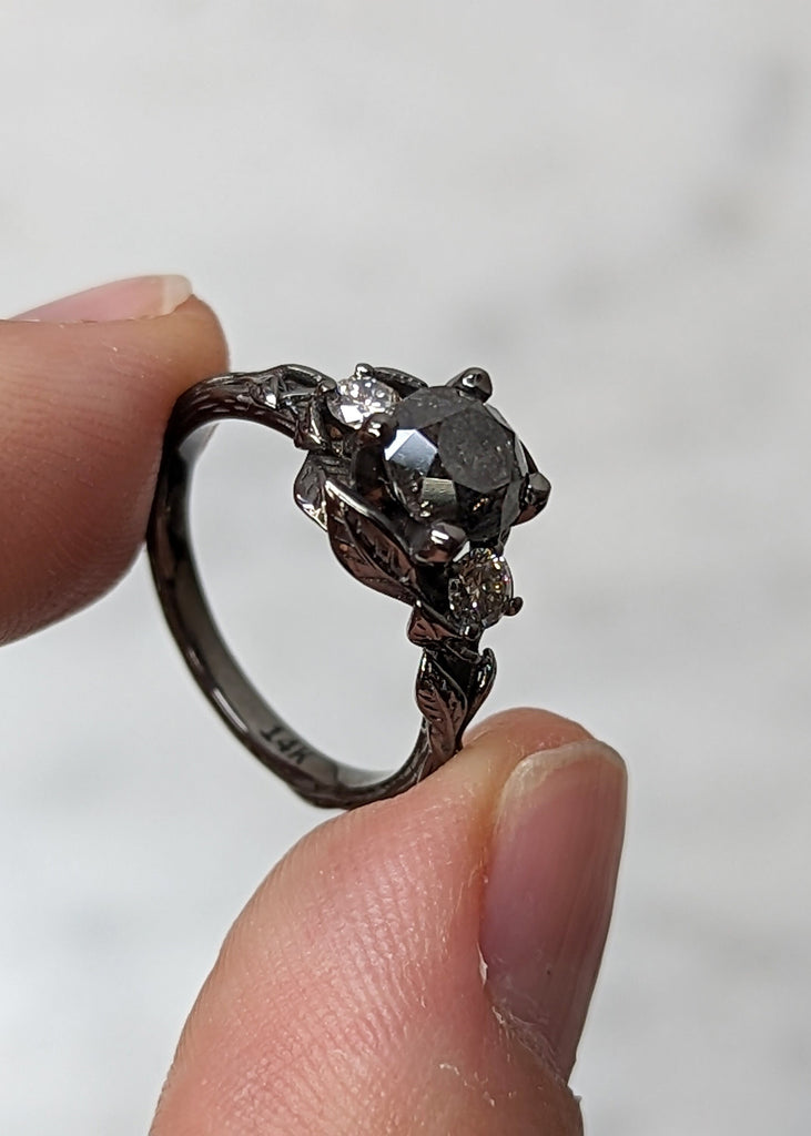 Unique Nature Inspired Salt and Pepper Gothic Engagement Ring in 14K Black Gold