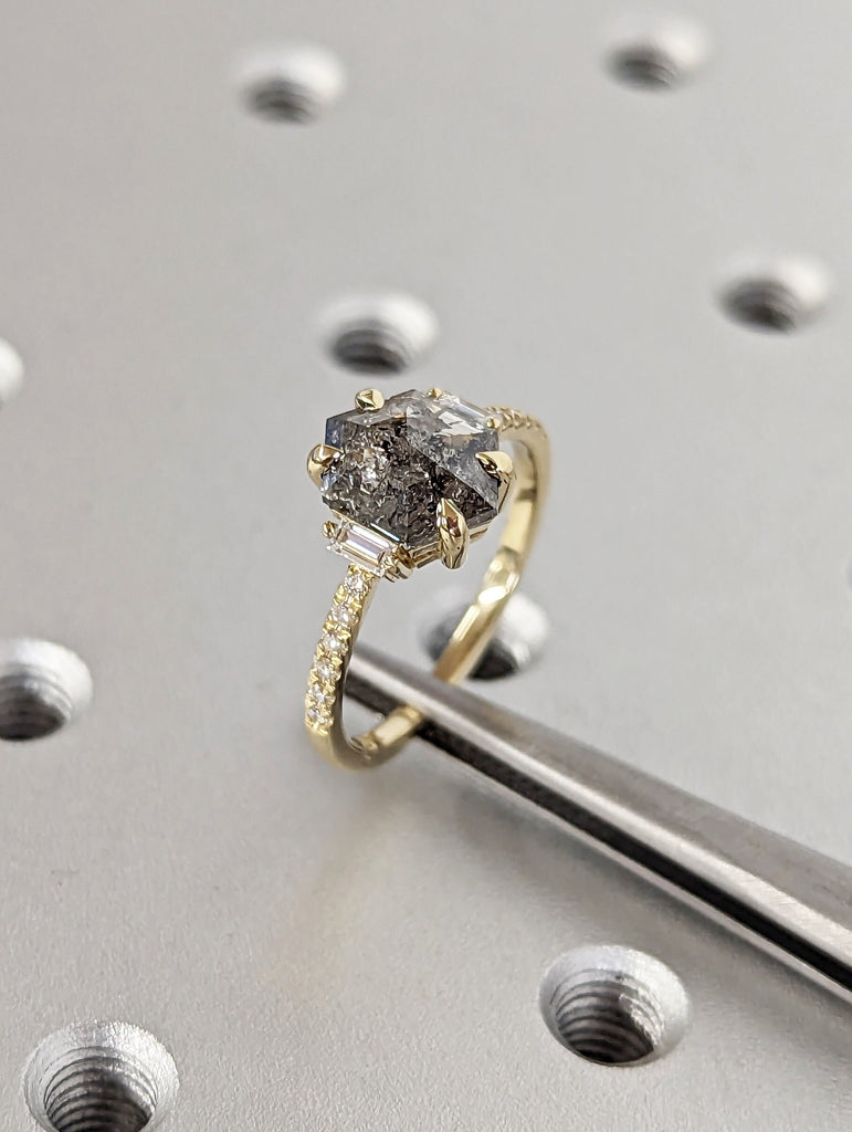 Raw Diamond Hexagon Baguette Diamond, Salt and Pepper, Unique Engagement Ring, Rose Cut Geometric Diamond Ring, 14k Gold, Custom Handmade