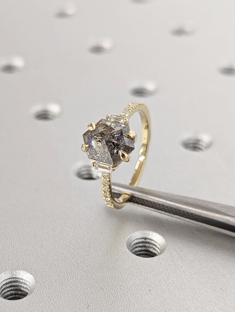 Raw Diamond Hexagon Baguette Diamond, Salt and Pepper, Unique Engagement Ring, Rose Cut Geometric Diamond Ring, 14k Gold, Custom Handmade