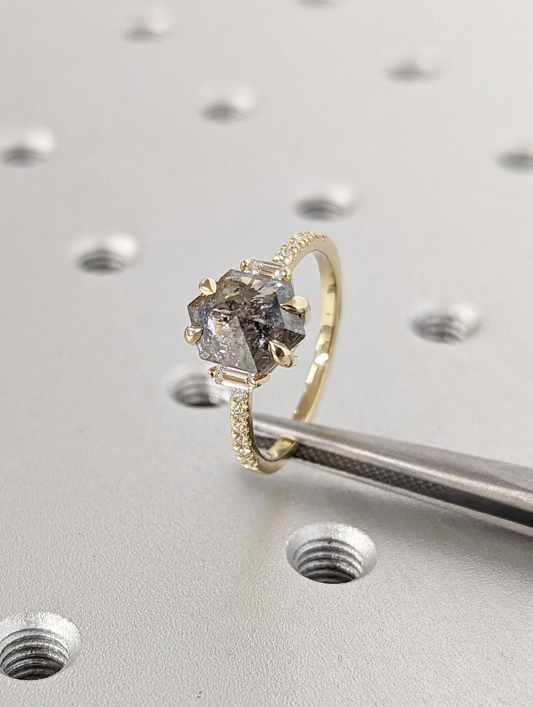Raw Diamond Hexagon Baguette Diamond, Salt and Pepper, Unique Engagement Ring, Rose Cut Geometric Diamond Ring, 14k Gold, Custom Handmade