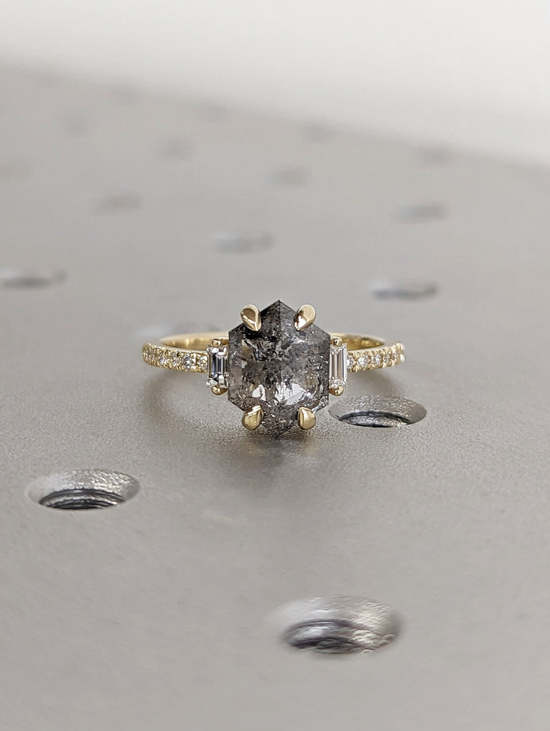 Raw Diamond Hexagon Baguette Diamond, Salt and Pepper, Unique Engagement Ring, Rose Cut Geometric Diamond Ring, 14k Gold, Custom Handmade