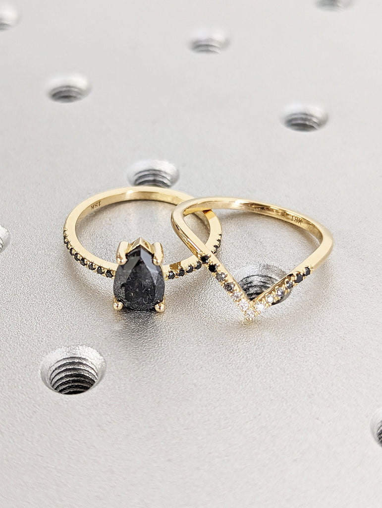 1.25 Carat 1920's Raw Salt and Pepper Diamond, Pear Diamond Ring, Unique Engagement Bridal Set, Gray Pear, Black, Yellow, Rose, White Gold