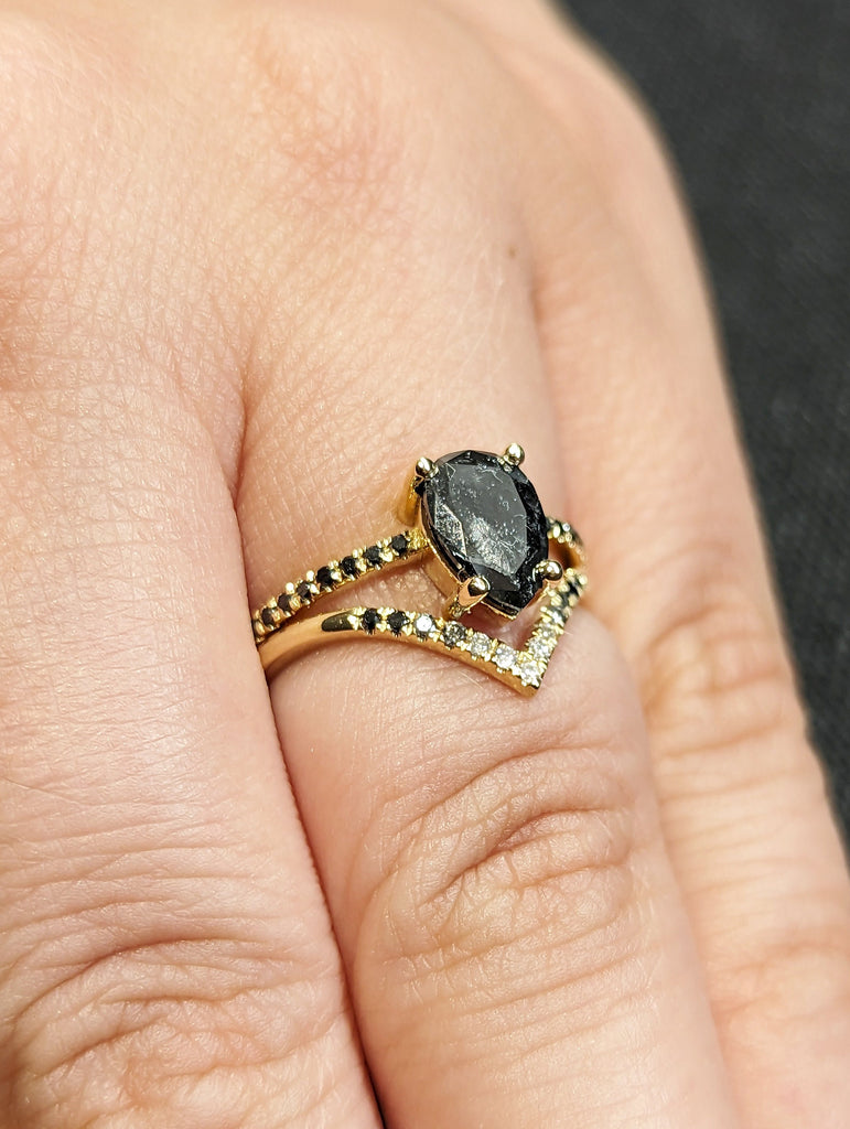 1.25 Carat 1920's Raw Salt and Pepper Diamond, Pear Diamond Ring, Unique Engagement Bridal Set, Gray Pear, Black, Yellow, Rose, White Gold