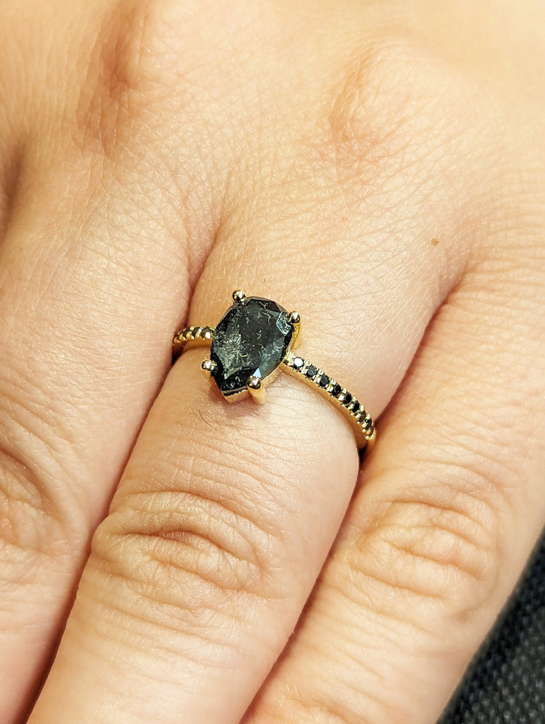 1.25 Carat 1920's Raw Salt and Pepper Diamond, Pear Diamond Ring, Unique Engagement Bridal Set, Gray Pear, Black, Yellow, Rose, White Gold