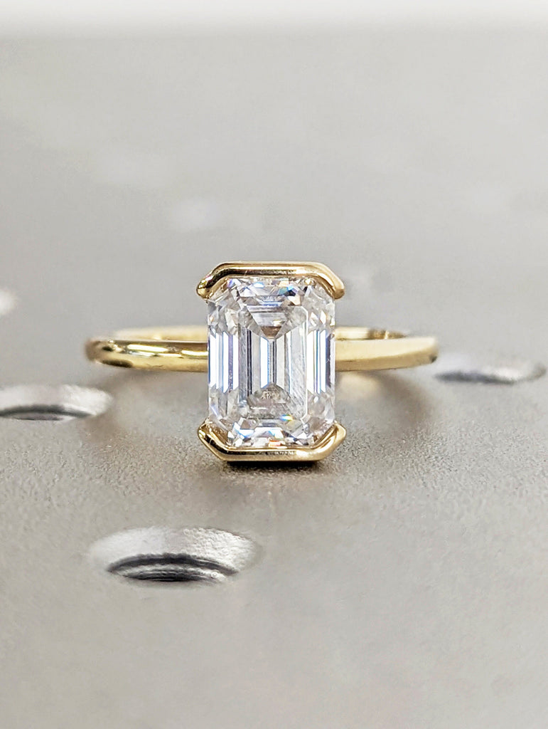 Handmade Custom Ring/ 6.0x8.0mm Emerald Cut Moissanite Engagement Ring/ 4 Prongs Wedding Promise Ring/ 14K Solid Gold Ring/ Floating Bezel