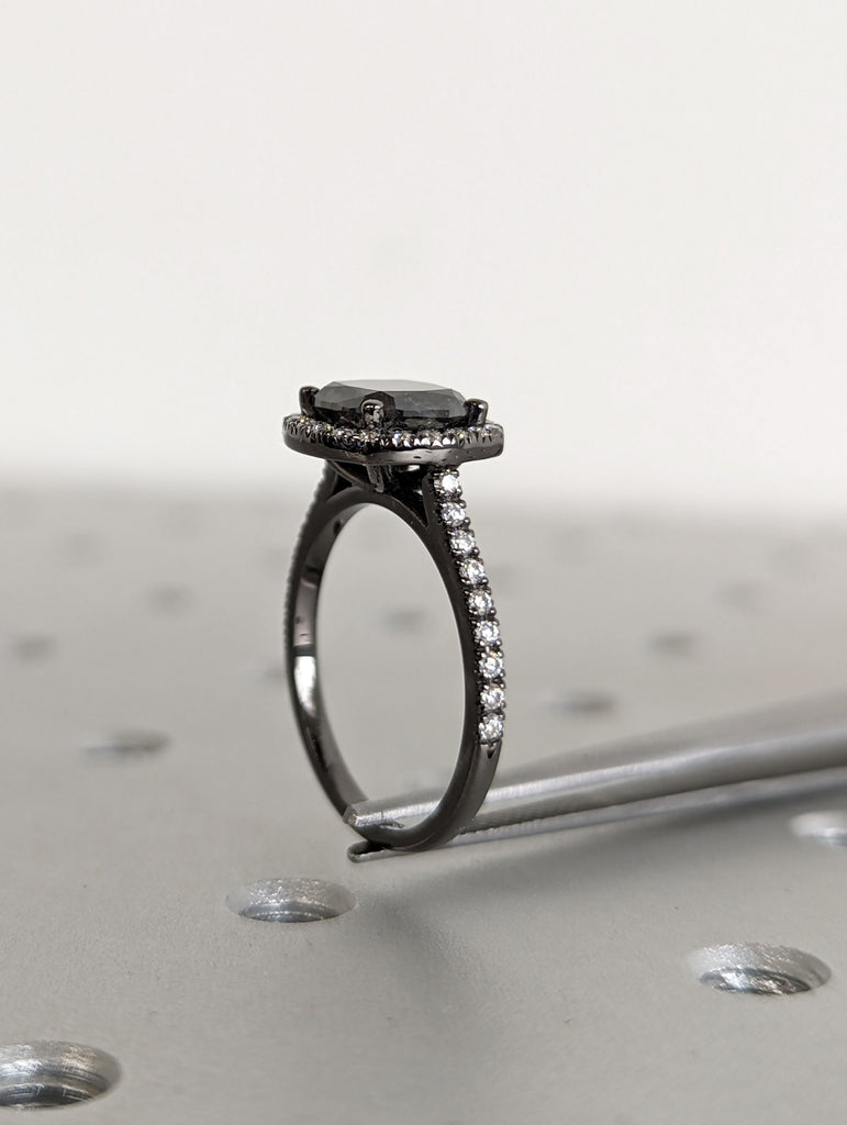 Gothic 14K Black Gold Cushion Cut Salt and Pepper Diamond Proposal Ring