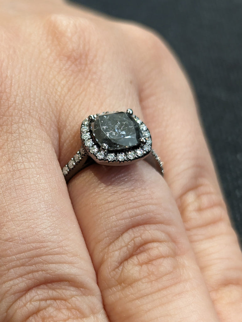 Gothic Style 2ct Cushion Cut Salt and Pepper Diamond Halo Proposal Ring | 14K Black Gold Engagement Ring | Fine Custom Bridal Jewelry