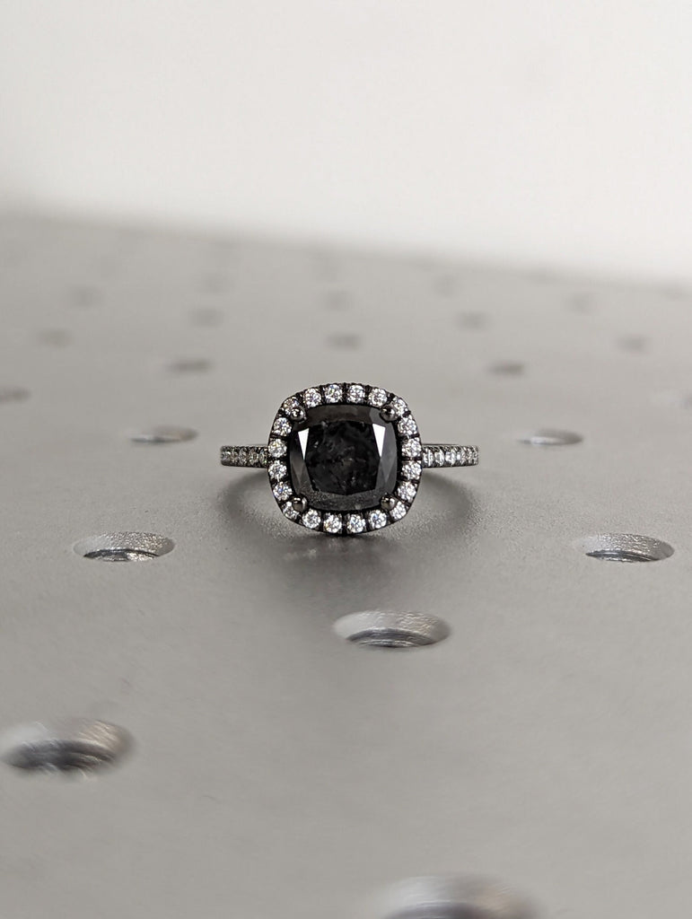 2ct Cushion Cut Salt and Pepper Diamond Halo 14K Black Gold Engagement Ring