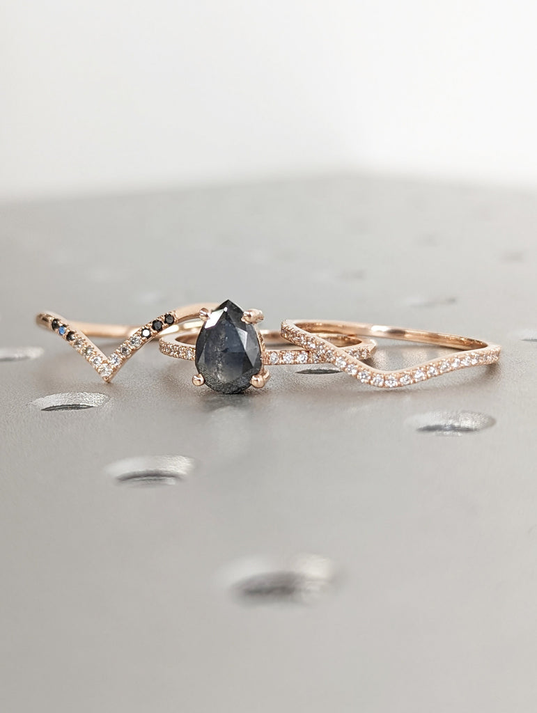 1.5 Carat 1920's Raw Salt and Pepper Diamond, Pear Diamond Ring, Unique Engagement Bridal Set, Black, Gray Pear, 14k Yellow, Rose White Gold
