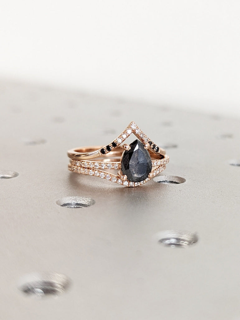 1.5 Carat 1920's Raw Salt and Pepper Diamond, Pear Diamond Ring, Unique Engagement Bridal Set, Black, Gray Pear, 14k Yellow, Rose White Gold