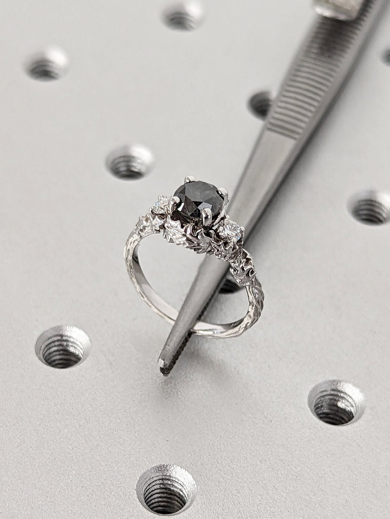 Nature inspired salt and pepper diamond bridal ring / Branch diamond engagement ring / Twig diamond engagement ring / Twig and Thistle Leaf
