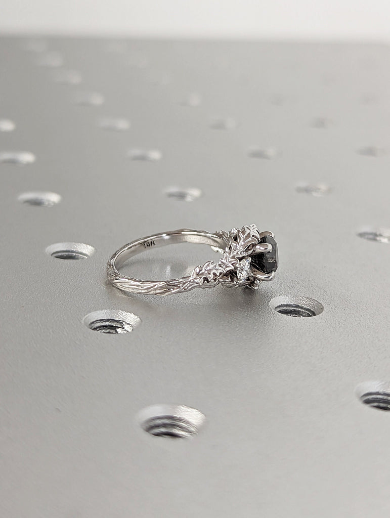 Nature inspired salt and pepper diamond bridal ring / Branch diamond engagement ring / Twig diamond engagement ring / Twig and Thistle Leaf