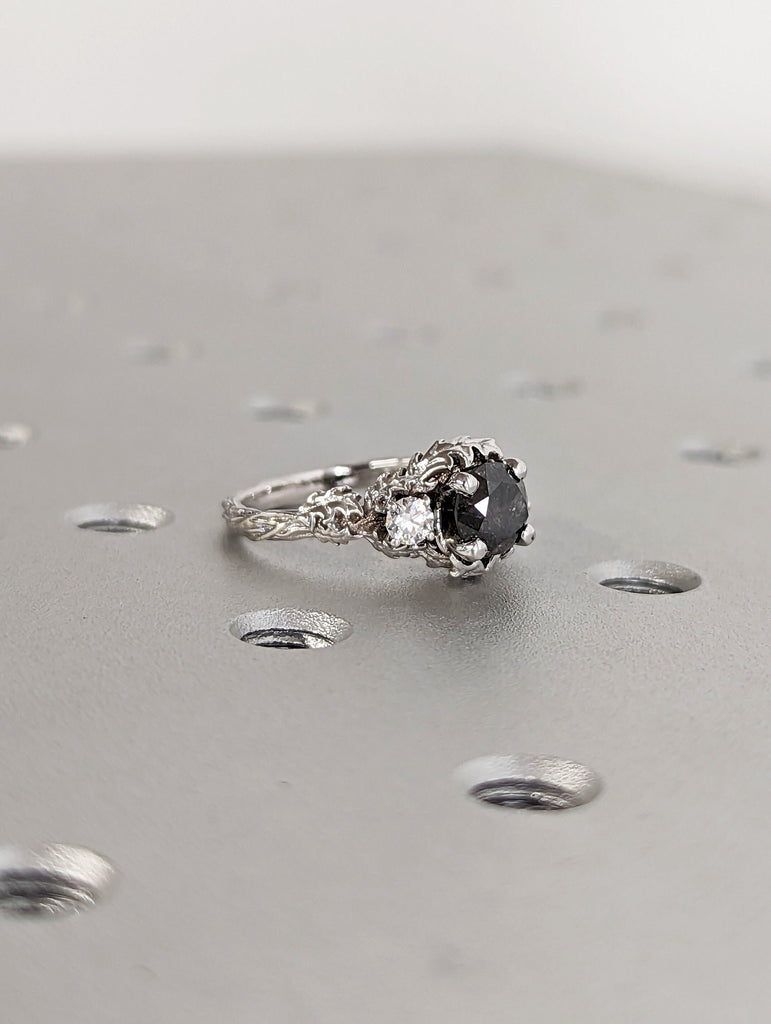 Nature inspired salt and pepper diamond bridal ring / Branch diamond engagement ring / Twig diamond engagement ring / Twig and Thistle Leaf
