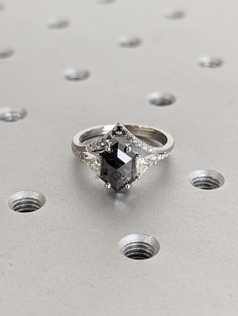 1.75ct Hexagon Salt and Pepper Diamond Platinum Engagement Ring Set
