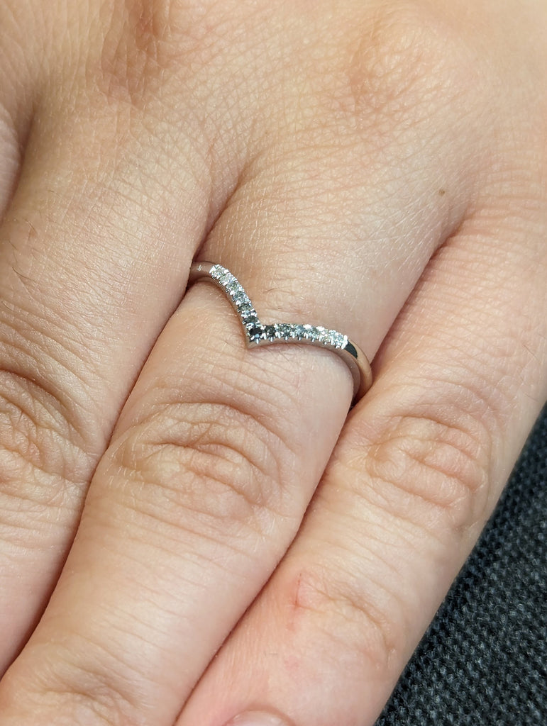 Ombre Salt and Pepper Diamond, Black Diamond, Platinum Chevron Dainty Matching Wedding Band