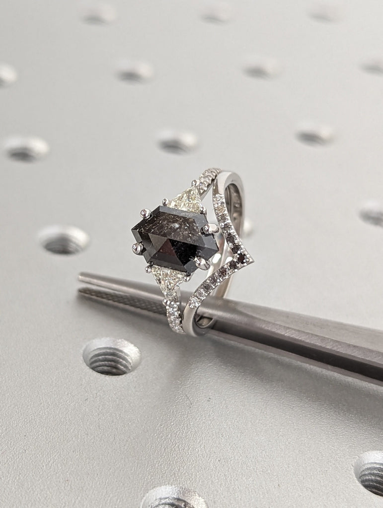 Timeless 1.75ct Hexagon Salt and Pepper Diamond Platinum Chevron Bridal Ring Set