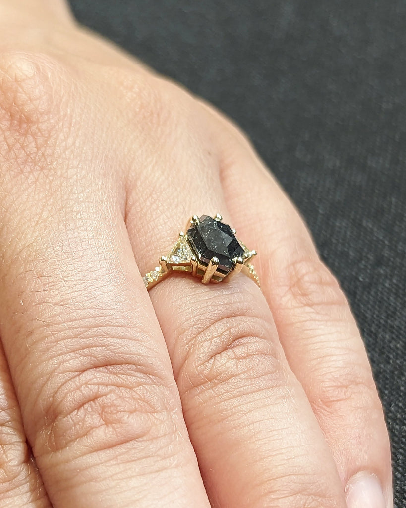 Raw Diamond Hexagon Triangle Diamond, Salt and Pepper, Unique Engagement Ring, Rose Cut Geometric Diamond Ring, 14k Gold, Custom Handmade