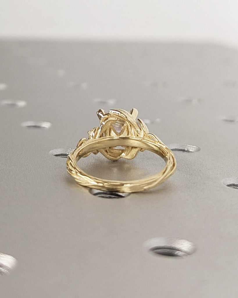 Nature Inspired Moissanite Engagement Ring Leaves Band Asscher Moissanite Diamond Wedding Ring Leaf Vine Branch Alternative Engagement Ring