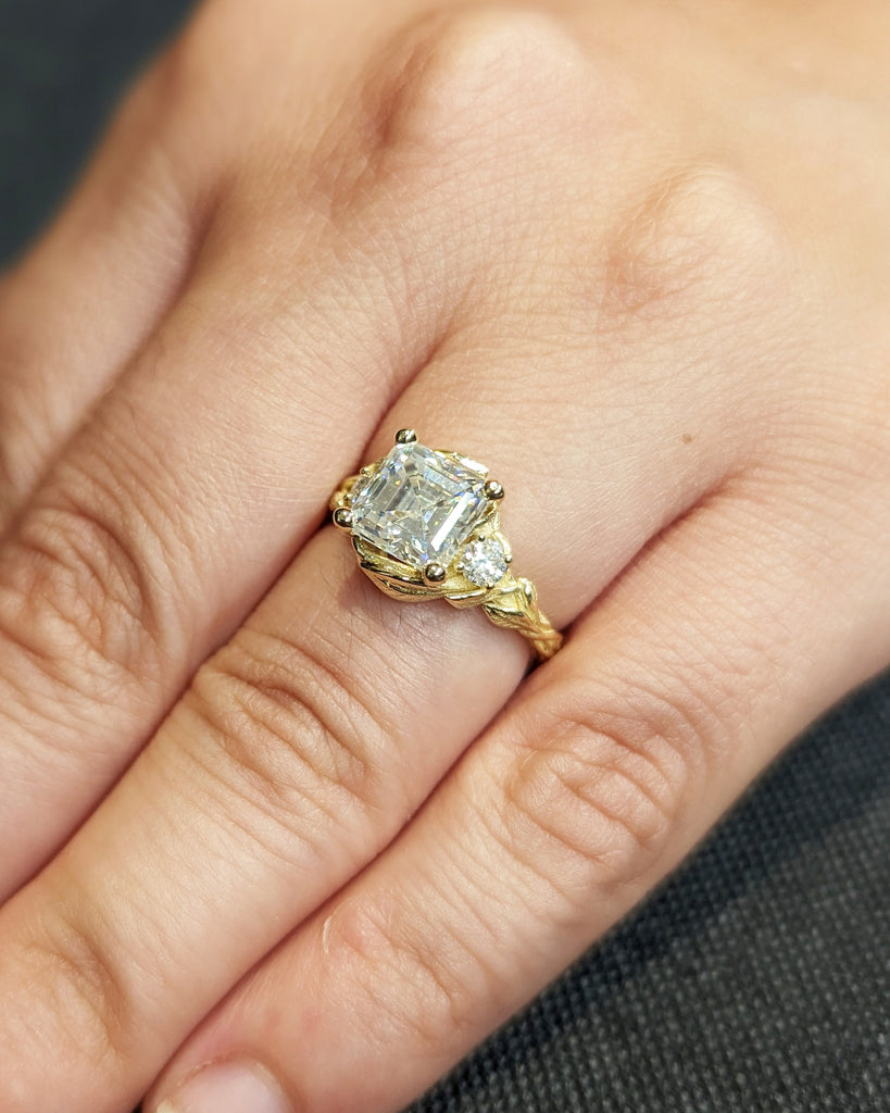 Nature Inspired Moissanite Engagement Ring Leaves Band Asscher Moissanite Diamond Wedding Ring Leaf Vine Branch Alternative Engagement Ring