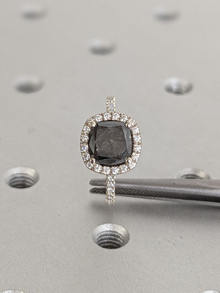 Classic 2ct Cushion cut Salt and Pepper Diamond Engagement Ring
