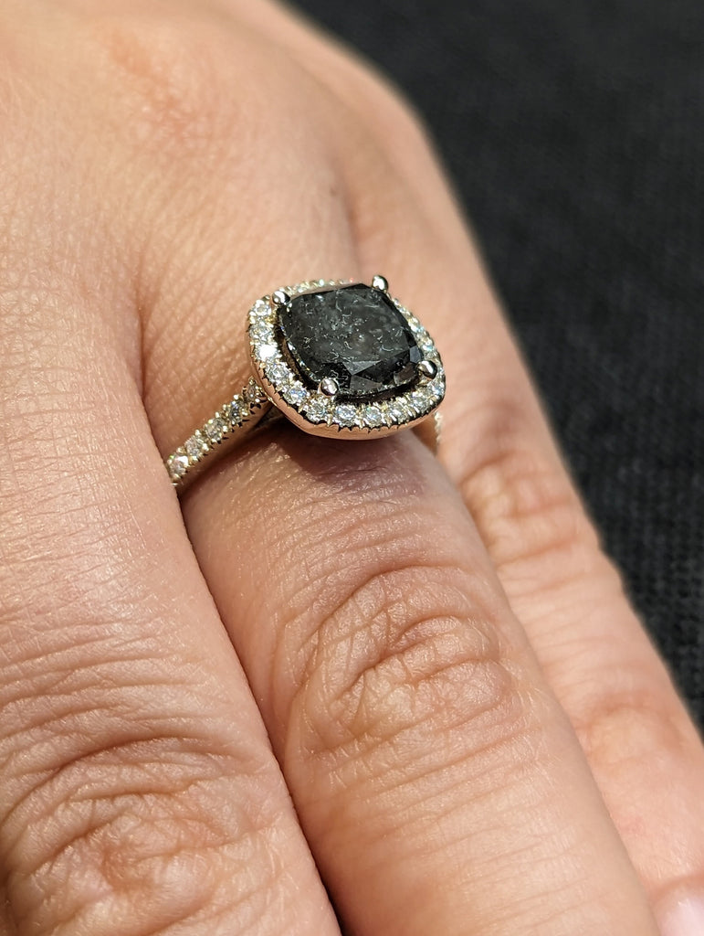 Timeless 2ct Cushion Cut Salt and Pepper Diamond Halo White Gold Engagement Ring