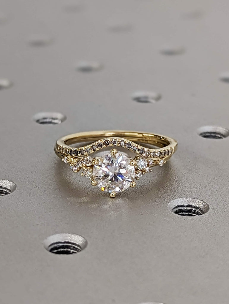 1.5ct Round Moissanite Snowdrift Diamond Cluster Yellow Gold Engagement Ring Set