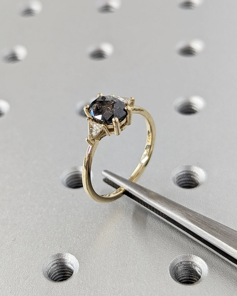 Raw Diamond Oval 3 Diamond Ring, Salt and Pepper, Unique Triangle Engagement Ring, Rose Cut Geometric Diamond Ring 14k Gold, Custom Handmade