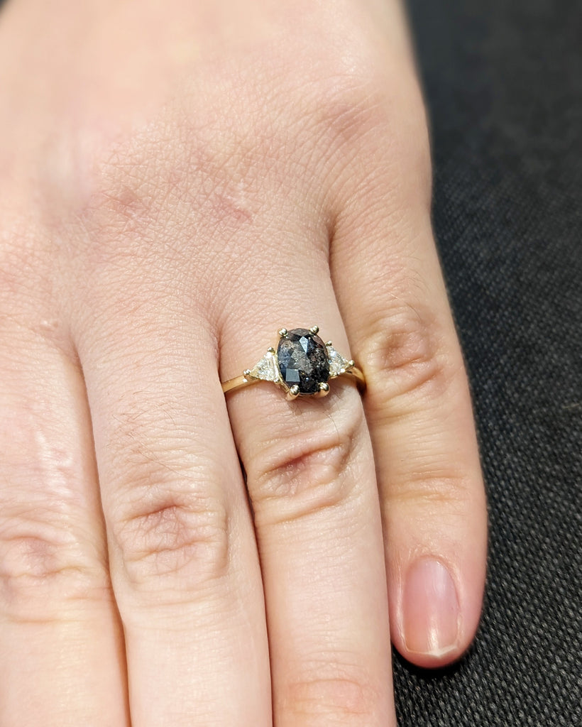 Raw Diamond Oval 3 Diamond Ring, Salt and Pepper, Unique Triangle Engagement Ring, Rose Cut Geometric Diamond Ring 14k Gold, Custom Handmade