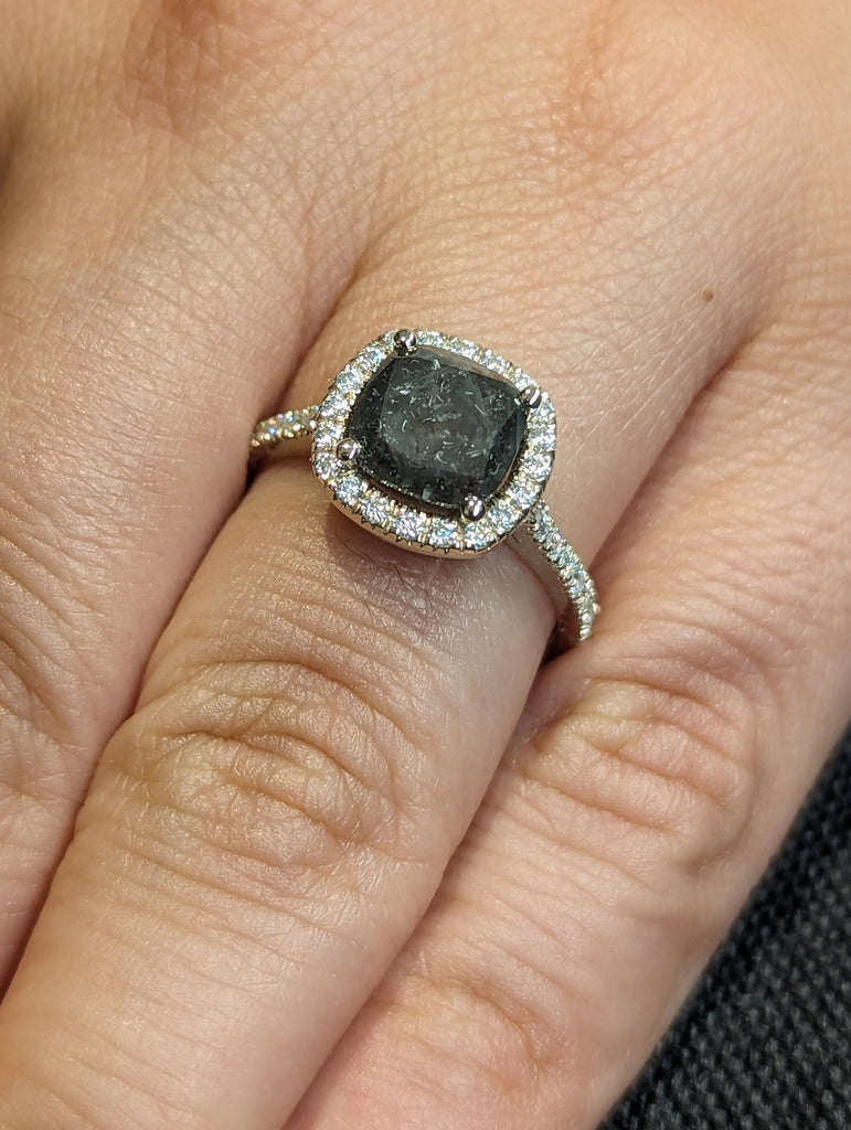 FIne 2ct Cushion Cut Salt and Pepper Diamond Halo White Gold Engagement Ring