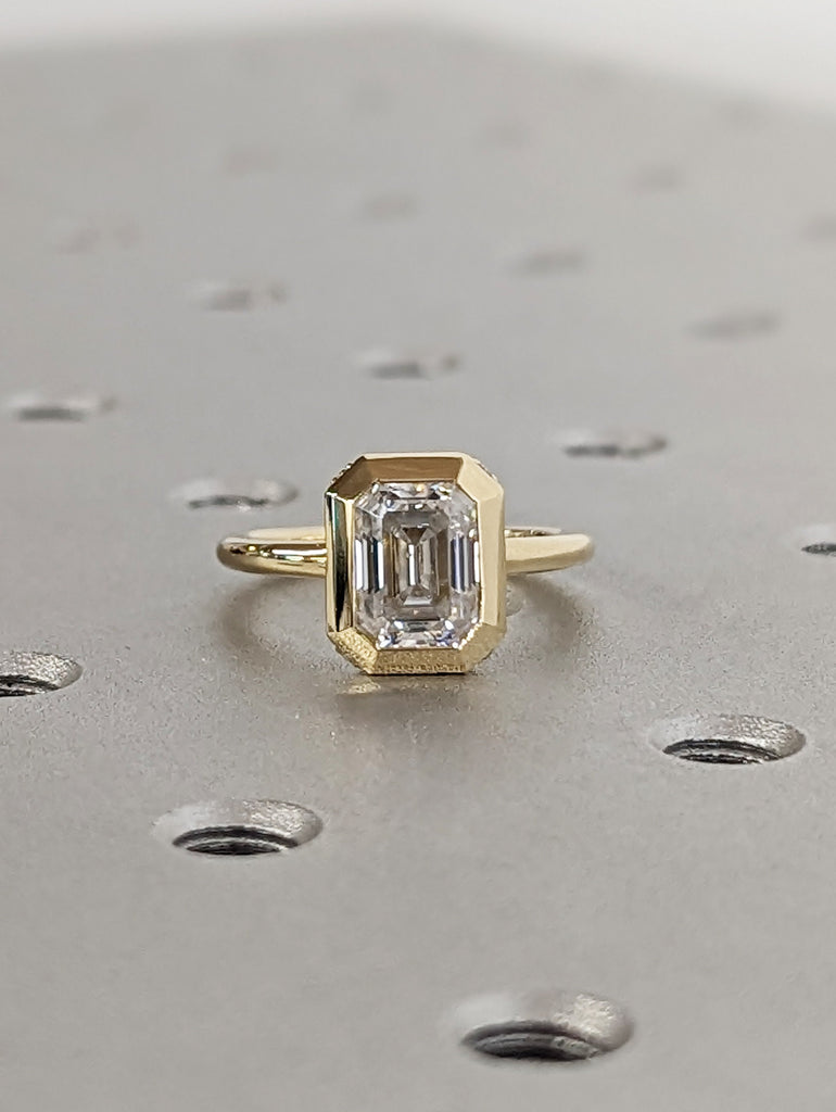 1.5ct Emerald Cut Moissanite 14k Yellow Gold Wedding Anniversary Ring | Hidden Halo Chunky Bezel Engagement Ring | Timeless Bridal Jewelry