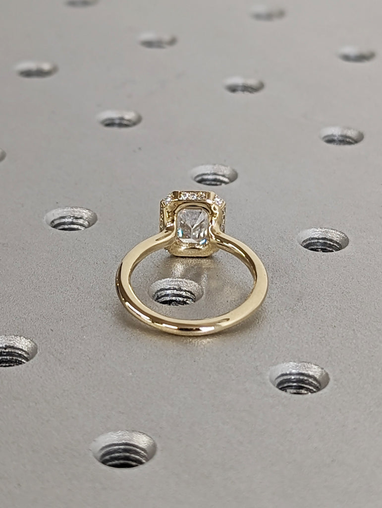 1.5ct Emerald Cut Moissanite 14k Yellow Gold Wedding Anniversary Ring | Hidden Halo Chunky Bezel Engagement Ring | Timeless Bridal Jewelry