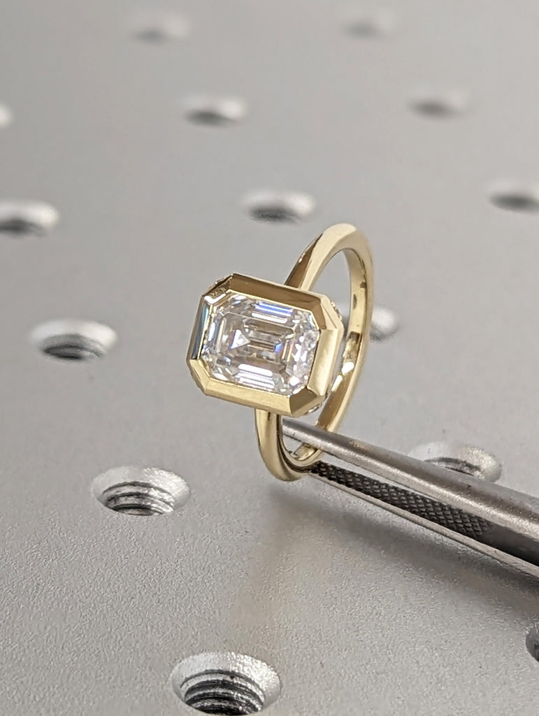 Timeless 1.5ct Emerald Cut Moissanite Solitaire Hidden Halo 14k Yellow Gold Engagement Ring