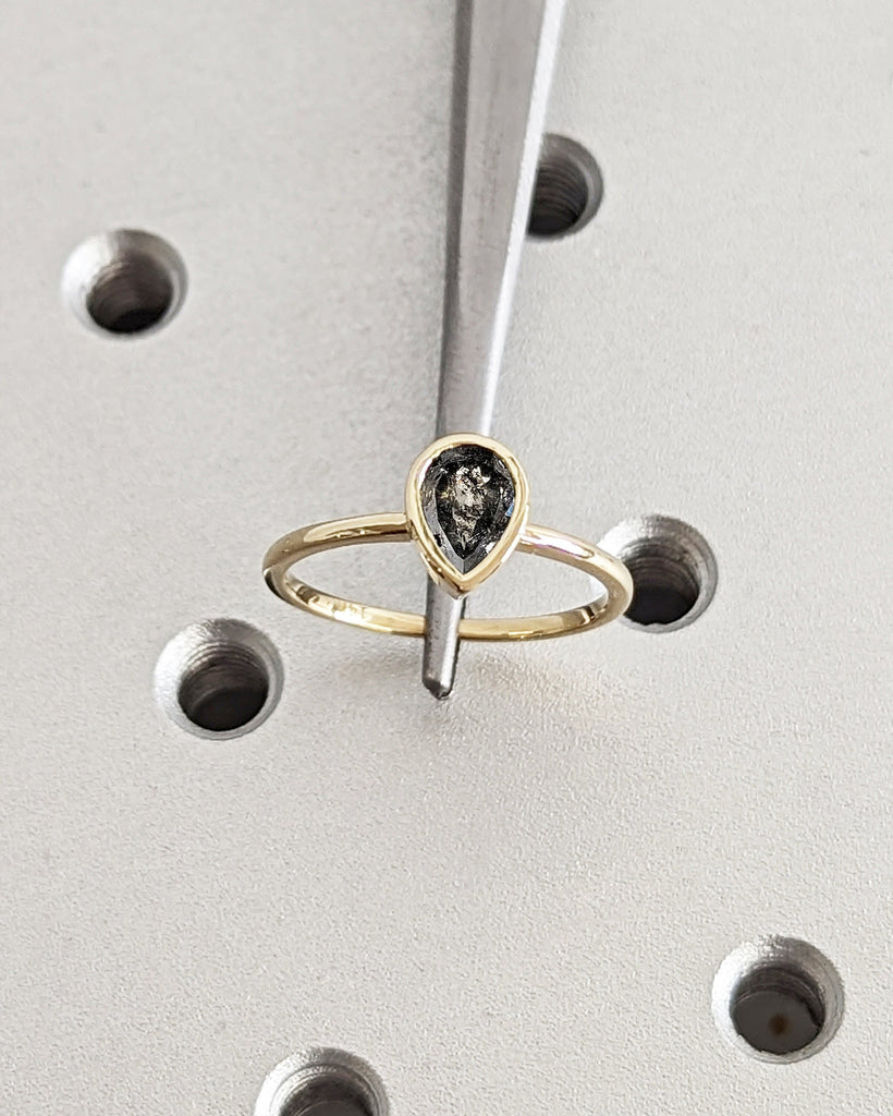 1 CT Pear Cut Salt and Pepper Diamond Ring / Bezel Setting Solitaire Ring / 14K Yellow Gold Wedding Bezel Ring / Engagement Ring For Her