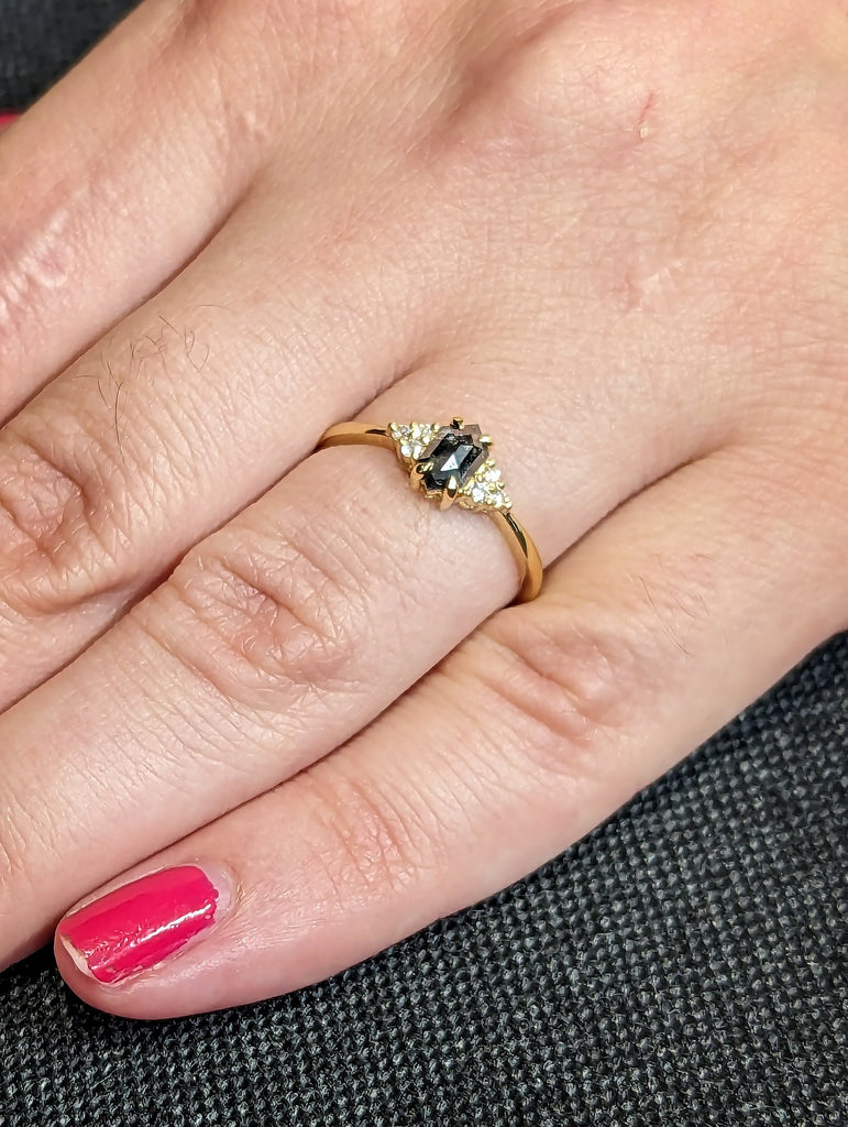Vintage Hexagon Cut Salt and Pepper Diamond 18K Yellow Gold Proposal Ring | Diamond Cluster Engagement Ring | Wedding Anniversary Gift
