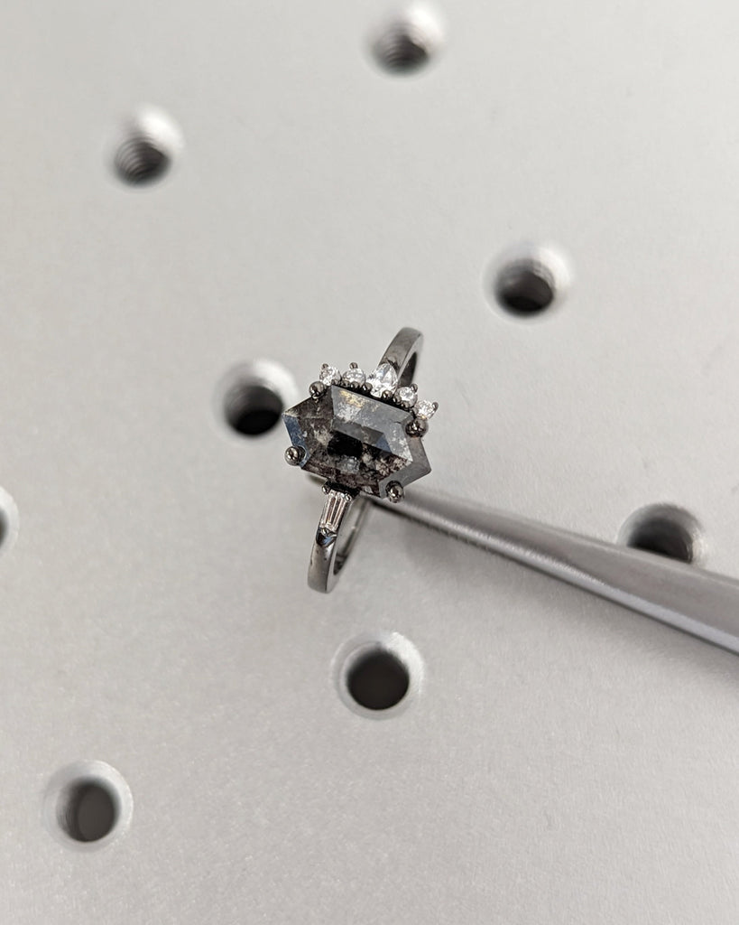 Hexagon Cut Grey Diamond cluster ring, Salt and Pepper Diamond Ring, Cluster engagement ring, Diamond cluster, Diamond ring, Engagement ring