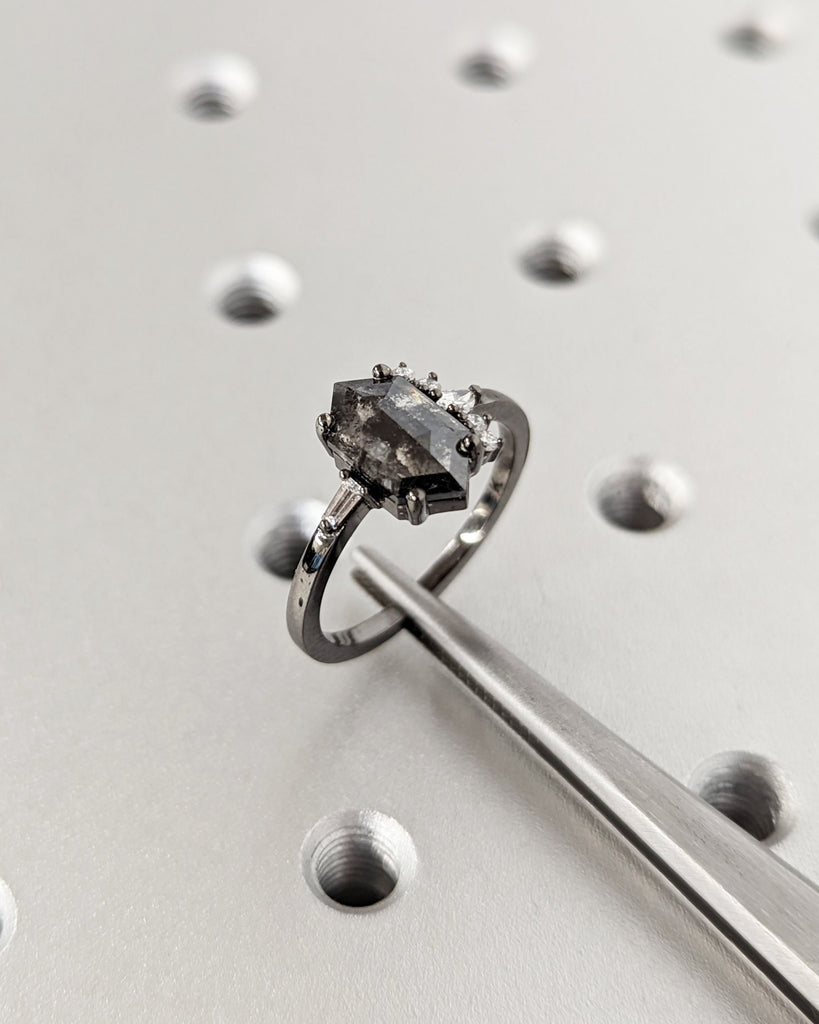 Hexagon Cut Grey Diamond cluster ring, Salt and Pepper Diamond Ring, Cluster engagement ring, Diamond cluster, Diamond ring, Engagement ring