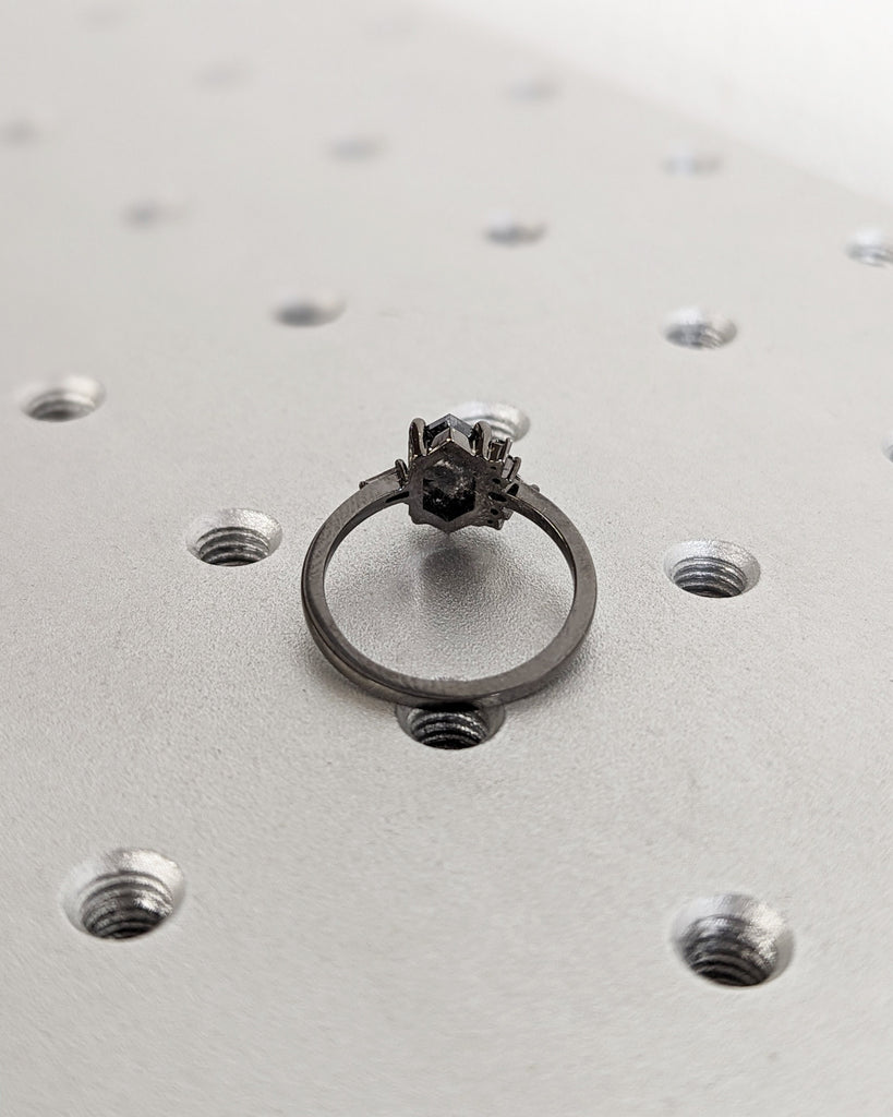 Hexagon Cut Grey Diamond cluster ring, Salt and Pepper Diamond Ring, Cluster engagement ring, Diamond cluster, Diamond ring, Engagement ring