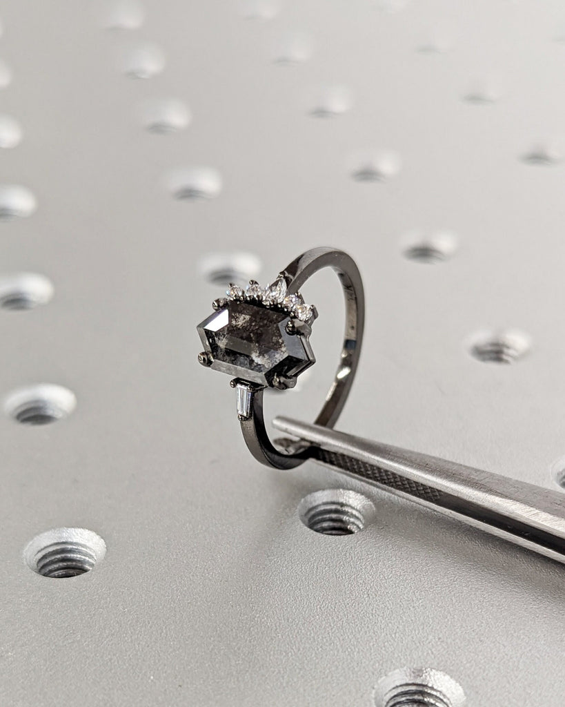 Hexagon Cut Grey Diamond cluster ring, Salt and Pepper Diamond Ring, Cluster engagement ring, Diamond cluster, Diamond ring, Engagement ring