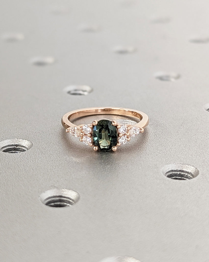 Blue Green sapphire ring. Peacock engagement ring. Oval Teal sapphire ring. 14k rose gold engagement ring. Cluster diamond ring. Art deco.