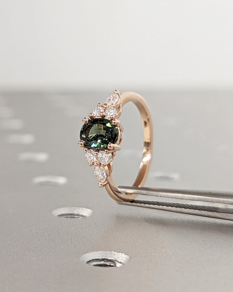 Blue Green sapphire ring. Peacock engagement ring. Oval Teal sapphire ring. 14k rose gold engagement ring. Cluster diamond ring. Art deco.