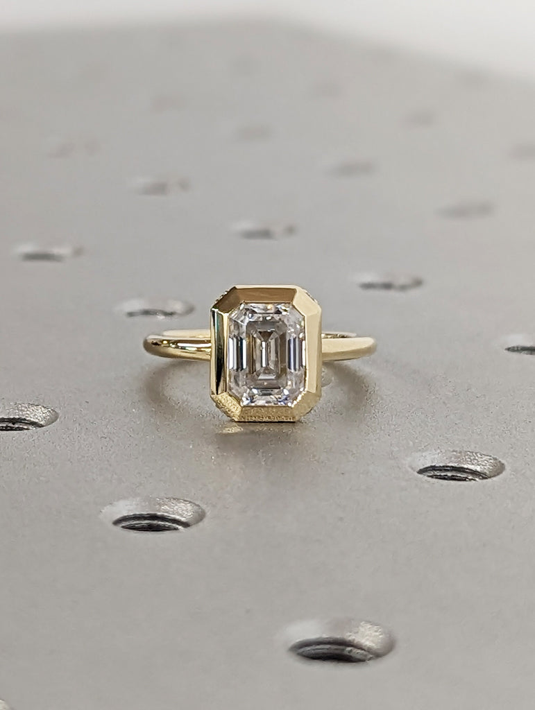 Chunky Bezel 1.5ct Emerald Cut Lab Diamond | 14K Yellow Gold Promise Ring | Diamond Hidden Halo Engagement Ring | Wedding Anniversary Gift