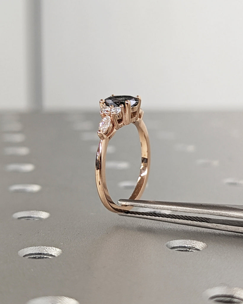 1ct Salt and Pepper Diamond Oval Engagement Ring, Diamond and Multi-Stone Wedding Ring, Rose Gold Salt and Pepper Diamond Ring, Cluster Ring