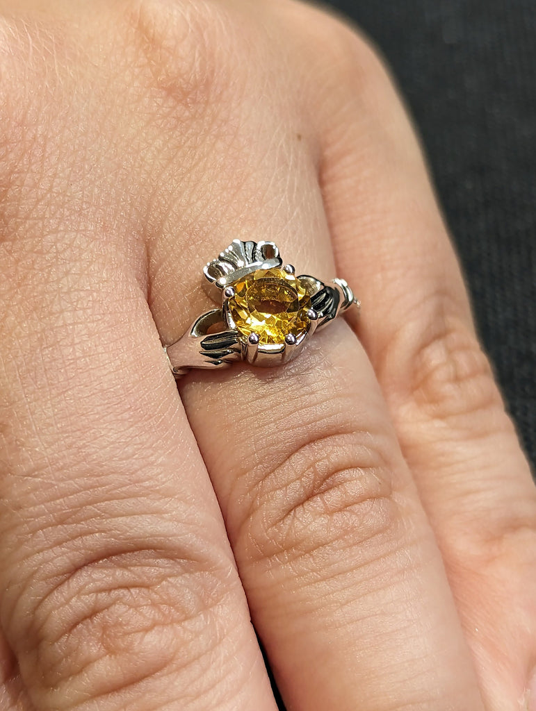 1ct Round Yellow Sapphire 14K White Gold Irish Claddagh Couples Ring