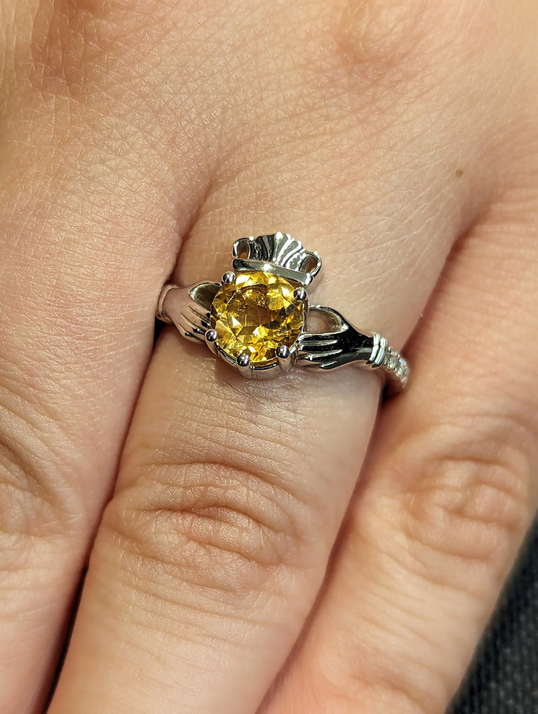 1ct Round Yellow Sapphire 14K White Gold Irish Claddagh Diamond Engagement Ring