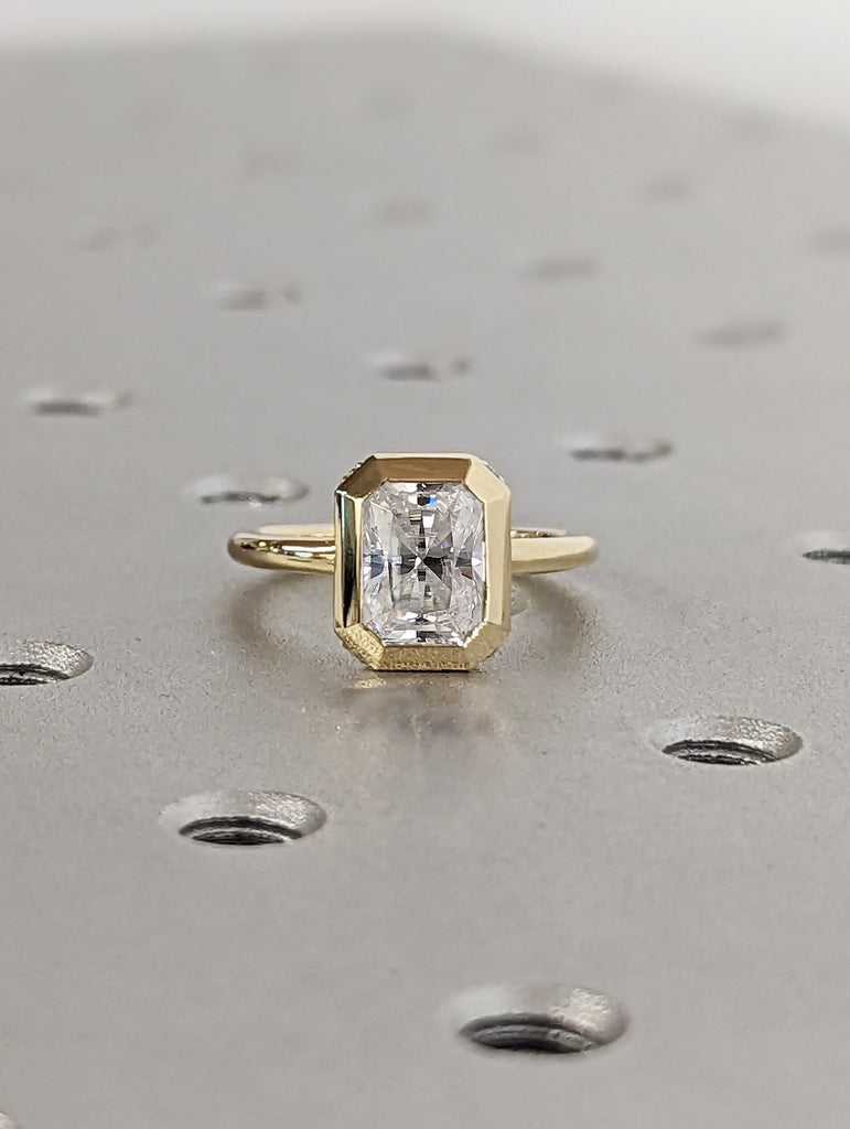 Timeless 1.5ct Radiant Cut Lab Grown Diamond Solitaire 14k Yellow Gold Chunky Bezel Proposal Ring