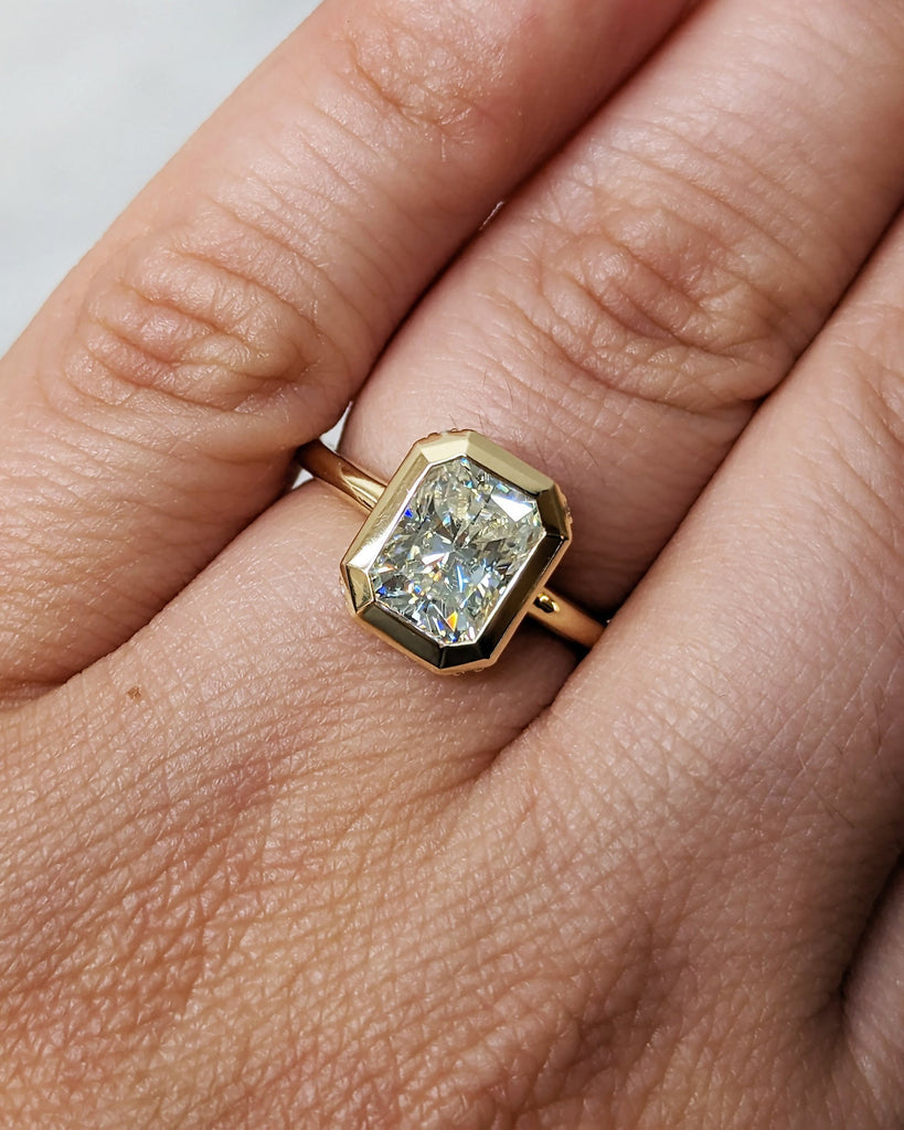 Bezel Set 1.5ct Radiant Cut Lab Diamond Hidden Halo 14k Yellow Gold Wedding Anniversary Ring