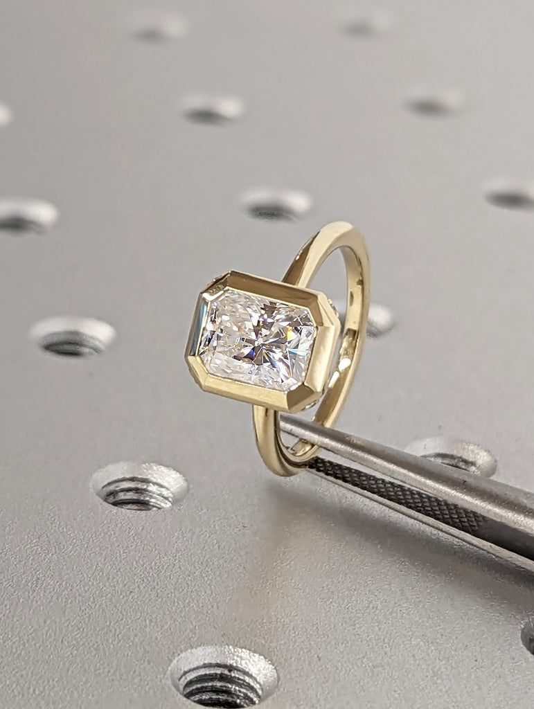 Timeless 1.5ct Radiant Cut Lab Cultured Diamond Solitaire Bezel Setting 14k Yellow Gold Engagement Ring