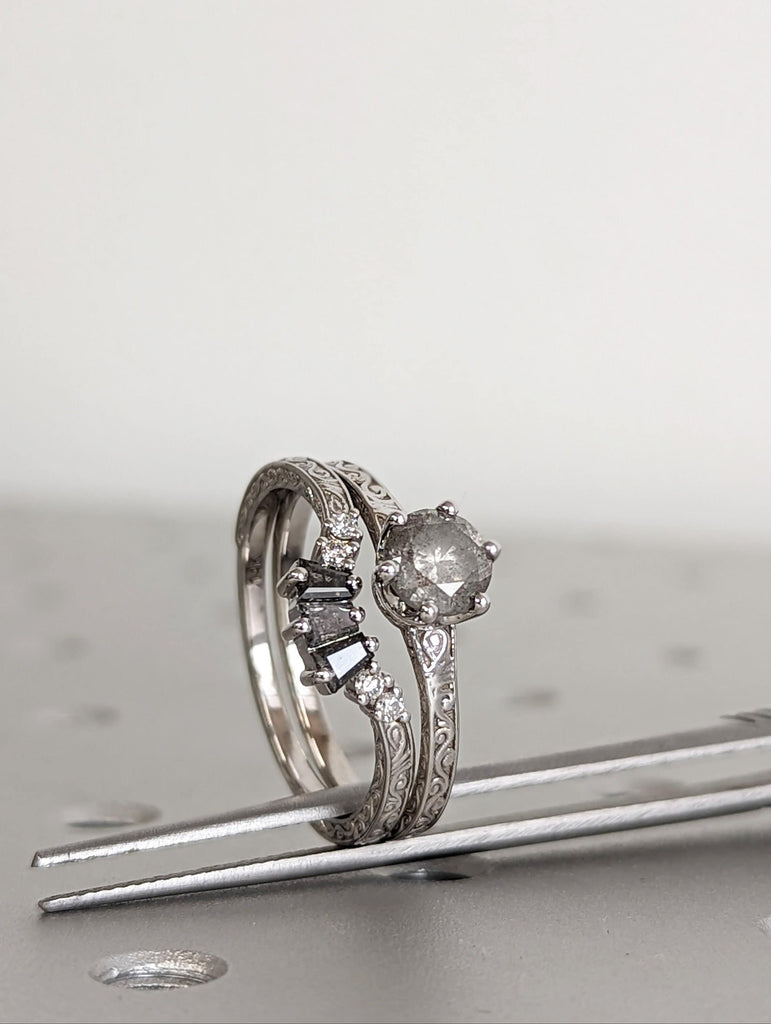 1920s Round Salt and Pepper Diamond Solitaire 14K White Gold Milgrain Engagement Ring Set
