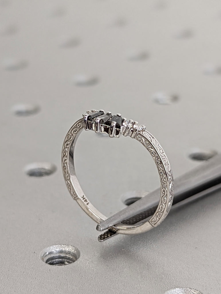 Filigree Milgrain Engraved Tapered Baguette Salt and Pepper Diamond 14K White Gold Eternity Ring