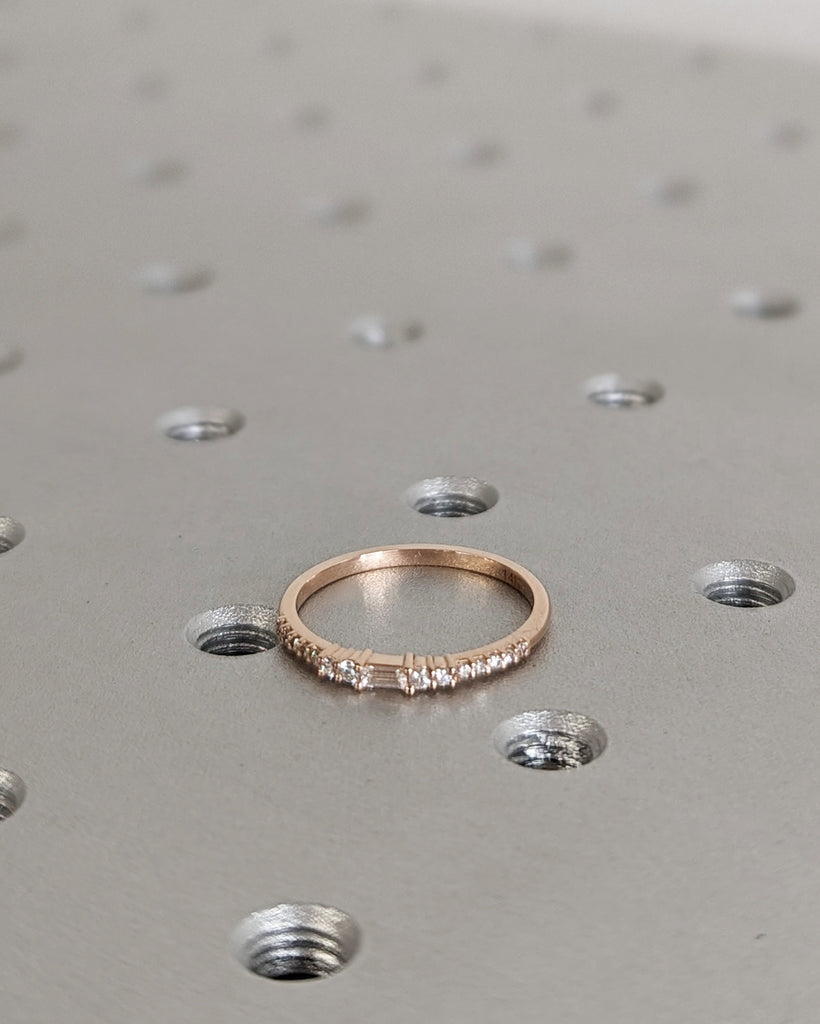 14k Gold Diamond Ring, Baguette and Round Diamonds, Solid Gold Band, Minimalist Engagement, Dainty Ring, 14k Rose, Yellow, White, Black Ring